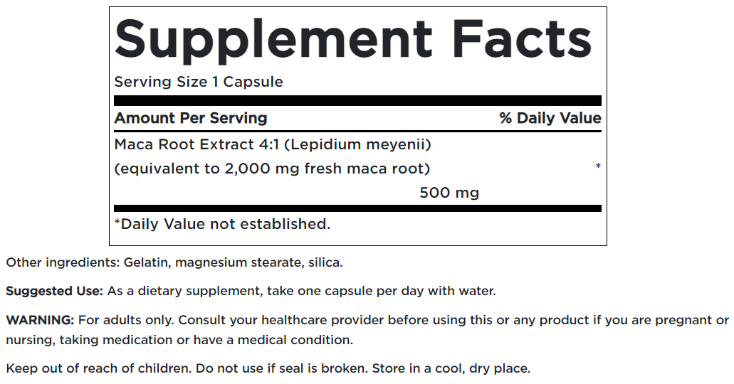 A label for Swanson's Maca - 500 mg 60 capsules supplement.