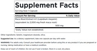 Thumbnail for A label for Swanson's Maca - 500 mg 60 capsules supplement.